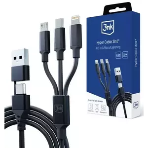 Kábel 3MK Hyper Cable 3in1 USB-A/USB-C - USB-C/Micro/Lightning 1.5m Black Cable kép