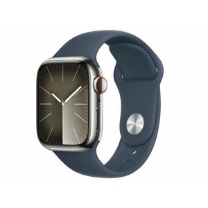 Apple Watch Series 9 GPS + Cellular, 41mm (MRJ23QH/A) ezüstszínű rozsdamentesacél tok, viharkék sportszíj - S/M kép