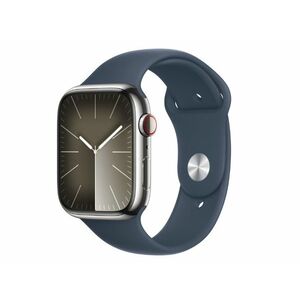 Apple Watch Series 9 GPS + Cellular, 45mm (MRMN3QH/A) ezüstszínű rozsdamentesacél tok, viharkék sportszíj - S/M kép