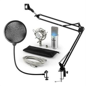 Auna MIC-900S-LED, V4 USB mikrofon készlet, ezüst, kondenzátoros mikrofon, POP szűrő, mikrofonkar, LED kép