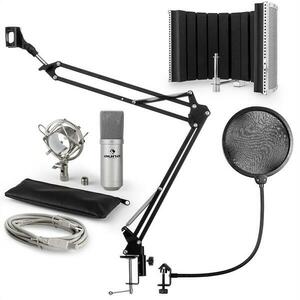 Auna MIC-900S, V5 USB mikrofon készlet, ezüst, kondenzátoros mikrofon, POP szűrő, akusztikai lencse, kar kép