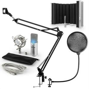 Auna MIC-900S-LED, v5 USB mikrofon készlet, ezüst, kondenzátoros mikrofon, POP szűrő, akusztikai lencse, kar kép