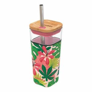 Quokka Liquid Cube üveg pohár szilikon felülettel 540 ml, pink jungle flora kép