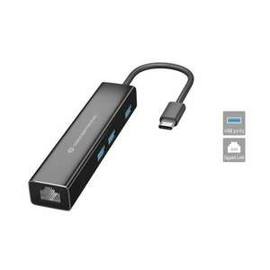 Conceptronic USB Hub - DONN07B (USB-C to 3xUSB-A 3.0+RJ-45, fekete) kép