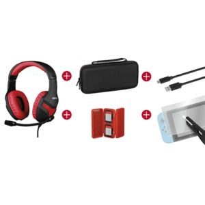 KONIX MYTHICS Nintendo Switch Gamer Csomag Fejhallgató + Töltő kábel + Üvegfólia + Játék tartó + Táska (KX-GPK-NS) Fekete-Piros kép