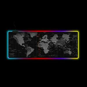 RGB LED-es gamer egérpad, 80x30cm, Fekete, Világtérkép mintával kép