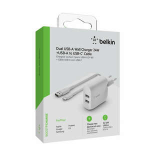 Belkin BOOST CHARGE 24w USB-A Dual Wall Charger w/ 1m A-C - White kép