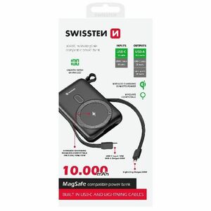 Swissten Powerbank 20 W 10000 mAh (MagSafe kompatibilis) integrált USB-C és lightning kábelekkel, PD, fekete kép