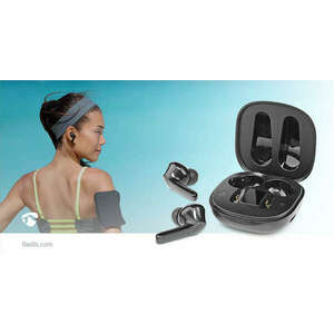 Teljesen vezeték nélküli fülhallgató | Bluetooth® | Maximális akkumulátor lejátszási idő: 5 óra | Érintés Vezérlés | Töltő tok | Beépített mikrofon | Hangvezérlés támogatás | Zaj kioltó | Fekete kép