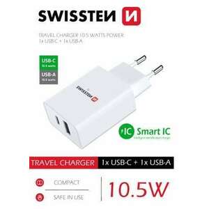 Swissten hálózati töltő adapter, 1XUSB-C, 1XUSB, Smart IC, 10, 5 W, fehér kép