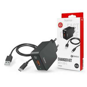 HAMA hálózati töltő adapter USB-A bemenettel + Type-C kábel - 19.5W - HAMA Charger Kit with USB-C QC3.0 - fekete (201625) kép