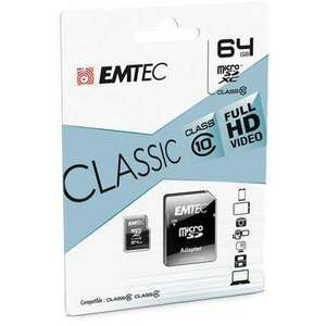 EMTEC Memóriakártya, microSDXC, 64GB, CL10, 20/12 MB/s, adapter, EMTEC "Classic" kép