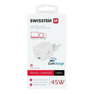 Swissten GaN hálózati töltőadapter 1xUSB-C, 45W, Power Delivery, fehér kép