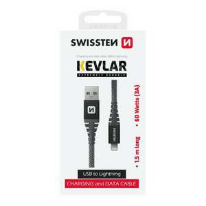 Swissten kevlár adat- és töltőkábel, USB/lightning, 1, 5m, 60W, 3A, antracit kép