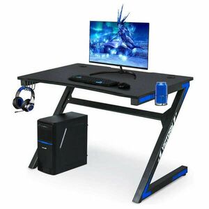 Gamer számítógépasztal pohártartóval és fejhallgató-akasztóval, 115x70x76cm - fekete, kék kép