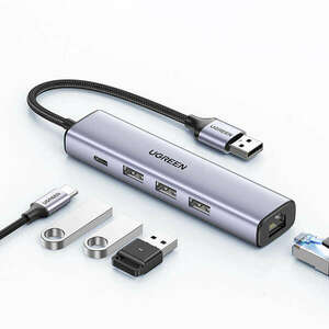 Ugreen CM475 HUB adapter, USB / 3 x USB + RJ-45 + Type-C ( PD), 15cm - , Szürke kép