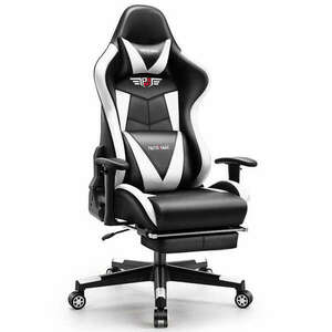 Astrum eSPORT gamer szék, behúzható lábtartó, állítható kartámasz, dönthető háttámla, masszázs funkció fekete - fehér kép
