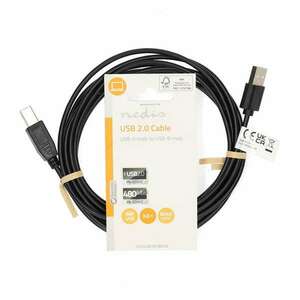 USB kábel | USB 2.0 | USB-A Dugasz | USB-B Dugasz | 480 Mbps | Nikkelezett | 3.00 m | Kerek | PVC | Fekete | Label kép