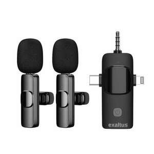 2 professzionális mikrofon készlet lavaliera, Exaltus®, USB C, 3.5 Jack, Lightning, vezeték nélküli élő, 2.4 GHz, interjúk, újratölthető, háttérzajcsökkentés, telefon kompatibilis, DSLR kamer kép