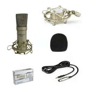 Professzionális kondenzátor stúdió mikrofon, vezetékes, Szélzaj-védő szivacs, Shock mount mikrofontartóval, aranybarna kép