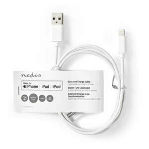 Lightning Kábel | USB 2.0 | Apple Lightning, 8 Pólusú | USB-A Dugasz | 480 Mbps | Nikkelezett | 1.00 m | Kerek | PVC | Fehér | Papírfüles kép
