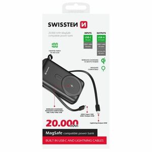 Swissten Powerbank 20 W 20000 mAh (compatible with MagSafe) with integrated USB-C and lighting cables, PD, fekete kép