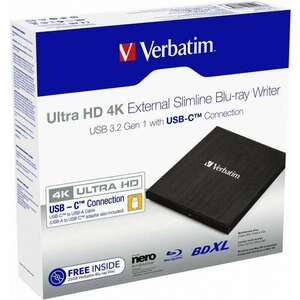 Verbatim 43888 max. 60000 óra élettartam, USB 3.2 Gen1 Type-C, 4 MB puffer Fekete külső Blu-ray író kép