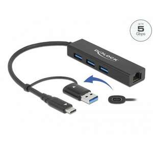 Delock 3 Port USB 3.2 Gen 1 Hub + Gigabit LAN USB Type-C vagy A-típusú USB konnektorral (64149) kép