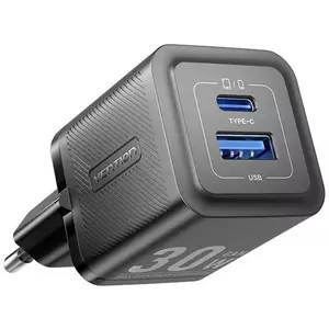 Töltő Vention, Wall charger, FEQB0-EU, USB-C, USB- A, 30W/30W, GaN (black) kép