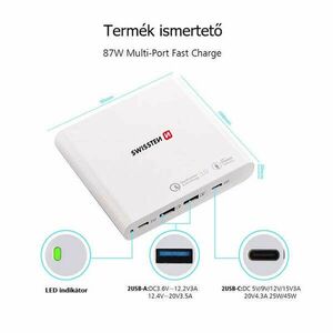 Swissten laptop töltő, 87W, 2X PowerDelivery 3.0 port & 2X Qualcomm QuickCharge 3.0 port, PPS kép