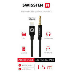 Swissten audio adapter, textil, iPhone lightning - 3, 5 mm Jack male, 1, 5m, fekete kép