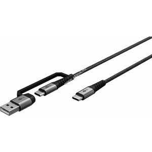 USB-C kábel szövetborítással, 1m, szürke, USB-A adapterrel kép