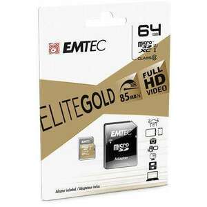 EMTEC Memóriakártya, microSDXC, 64GB, UHS-I/U1, 85/20 MB/s, adapter, EMTEC "Elite Gold" kép