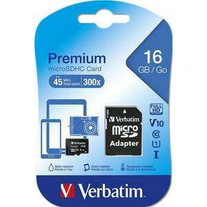 VERBATIM Memóriakártya, microSDHC, 16GB, CL10/U1, 45/10 MB/s, adapter, VERBATIM "Premium" kép