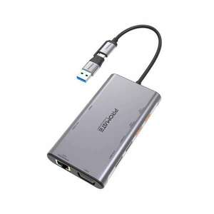 Promate USB Hub - PRIMEHUB MST (USB-C 9in1 HUB, 2x4K HDMI, VGA, 2xUSB 3.0, 1xUSB 2.0, 2xUSB-C, RJ45, adapter, szürke) kép