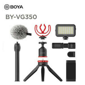 A BOYA Vlogging Kit 2 tartalma: Mini állvány + BY-MM1+ mikrofon + LED lámpa + hidegcipős tartó fekete EU kép