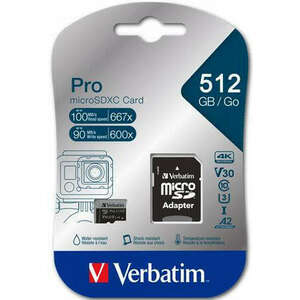 Memóriakártya, microSDXC, 512GB, CL10/U3/A2, 100/90 MB/s, adapter, VERBATIM "PRO" kép