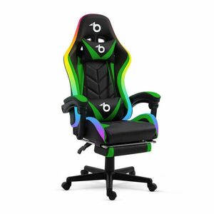 RGB LED gamer szék - karfával, párnával - fekete/zöld kép