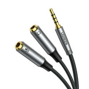 UGREEN AV192 AUX audio elosztó 3, 5 mm-es mini jack kábel (dugós) a fejhallgatóhoz + mikrofon (anya), 20 cm (szürke) kép