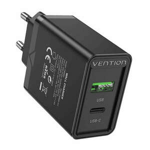 Wall charger EU USB-A(18W), USB-C(20W) Vention FBBB0-EU, 2.4A, PD3.0 (black) kép