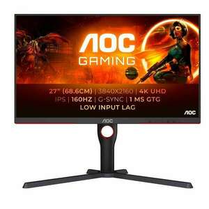 Aoc gaming 160hz ips monitor 27" u27g3x/bk, 3840x2160 16: 9, 450cd/m2, 1ms, 2xhdmi/2xdisplayport, áll. mag. U27G3X/BK kép