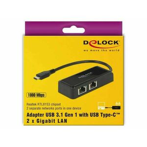 Delock Adapter SuperSpeed USB (USB 3.1 Gen 1) USB Type-C csatlakozódugóval > 2 x Gigabit LAN 10/100 kép