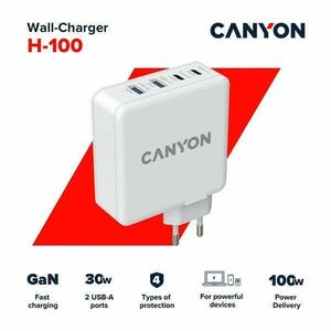 CANYON Hálózati Töltő, 4portos, 2xUSB-C 100W, 2xUSB-A 30W, fehér - CND-CHA100W01 kép