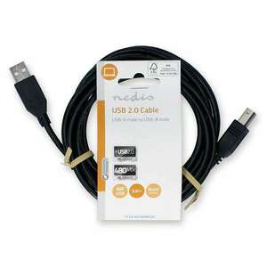 USB kábel | USB 2.0 | USB-A Dugasz | USB-B Dugasz | 10 W | 480 Mbps | Nikkelezett | 3.00 m | Kerek | PVC | Fekete | Label kép