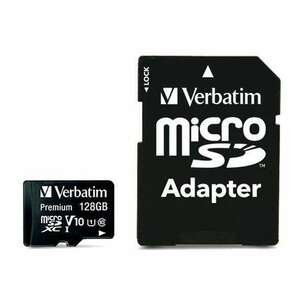 VERBATIM Memóriakártya, microSDXC, 128GB, CL10/U1, 90/10 MB/s, adapter, VERBATIM "Premium" kép