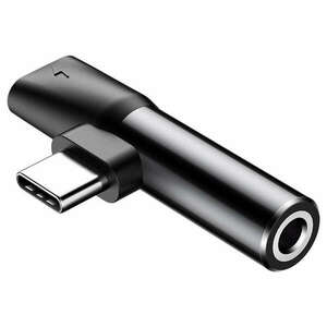 Audió és töltő adapter 2in1, elosztó, USB Type-C - USB Type-C töltő + 3.5 mm jack átalakító, 90 fokos/derékszögű csatlakozó, Baseus L41, fekete kép