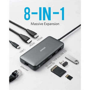 ANKER USB HUB, PowerExpend 8-in-1, USB-C Media Hub, 2xHDMI, 2xUSB3.0, Ethernet, SD/microSD kártyaolvasóval - A83800A kép