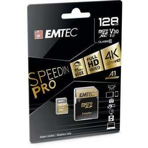 EMTEC Memóriakártya, microSDXC, 128GB, UHS-I/U3/V30/A2, 100/95 MB/s, adapter, EMTEC "SpeedIN" kép