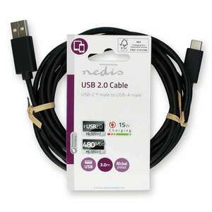 USB kábel | USB 2.0 | USB-A Dugasz | USB-C™ Dugasz | 15 W | 480 Mbps | Nikkelezett | 3.00 m | Kerek | PVC | Fekete | Label kép