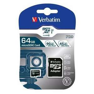 VERBATIM Memóriakártya, microSDXC, 64GB, CL10/U3, 90/45 MB/s, adapter, VERBATIM "PRO" kép